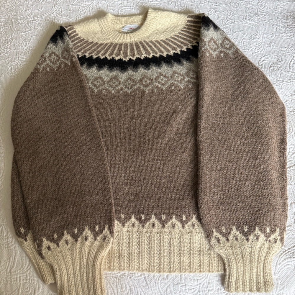 Hand knit ALPACA nordic sweater Brown grey  and Cream Knit Sweater Gorgeous